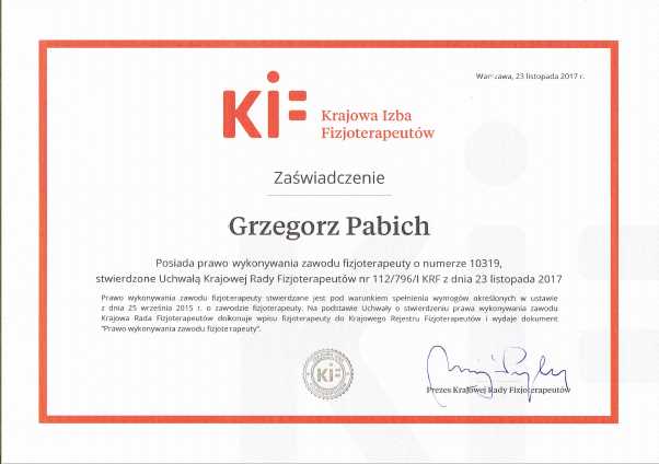 KIF Certyfikat Grzegorz Pabich