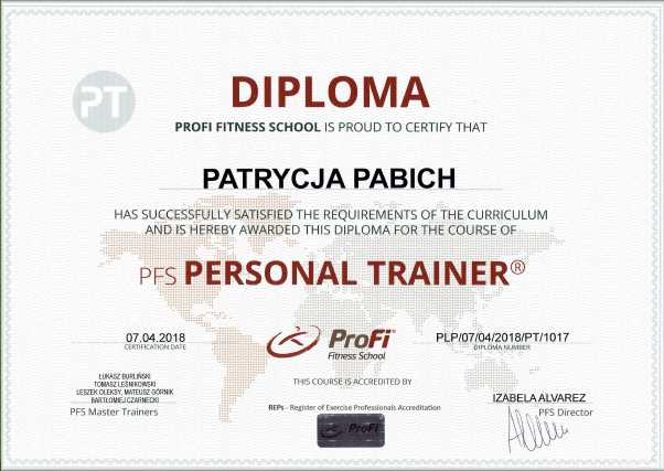 Personal Trainer PFS Certyfikat Patrycja Pabich