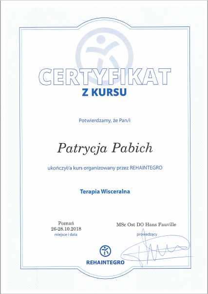 terapia wisceralna Certyfikat Patrycja Pabich