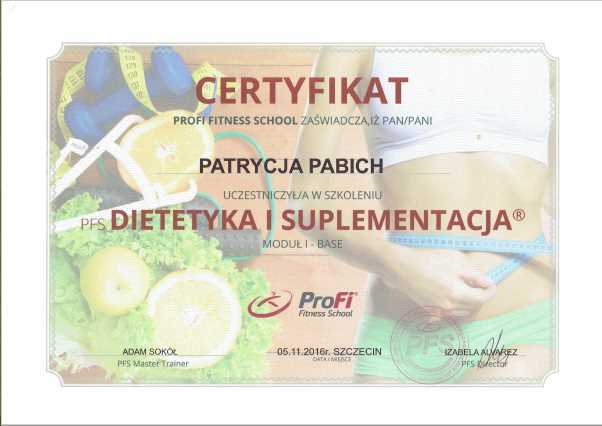 Dietetyka i suplementacja Certyfikat Patrycja Pabich