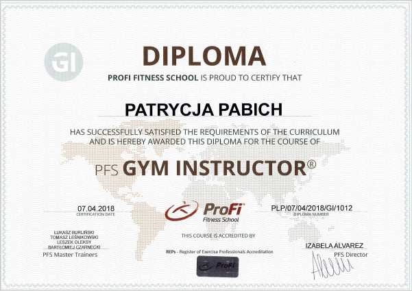 Gym Instructor Certyfikat Patrycja Pabich