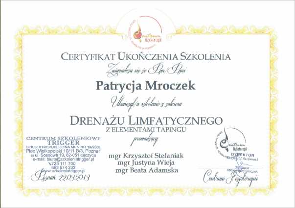 drenaż limfatyczny Certyfikat Patrycja Pabich