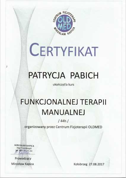 Funkcjonalna terapia manualna Certyfikat Patrycja Pabich