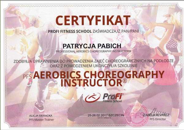 Aerobics Choreography Instructor Certyfikat Patrycja Pabich