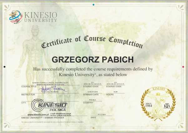 Kinesio University Certyfikat Grzegorz Pabich