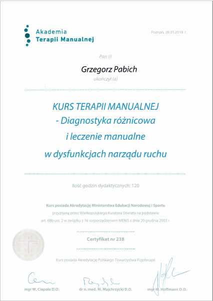 Kurs terapii manualnej Certyfikat Grzegorz Pabich