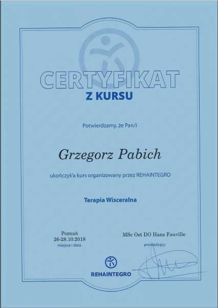 Terpaia Wisceralna Certyfikat Grzegorz Pabich