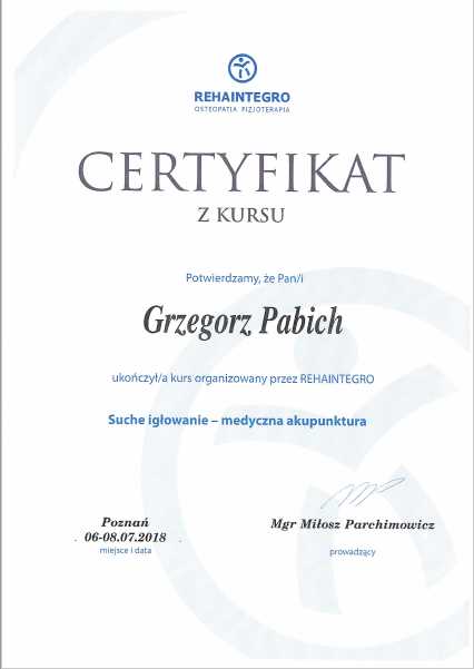 Suche igłowanie Certyfikat Grzegorz Pabich